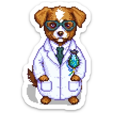 scientist dog pixel art style, wearing a lab coat and glasses, transparent background sticker