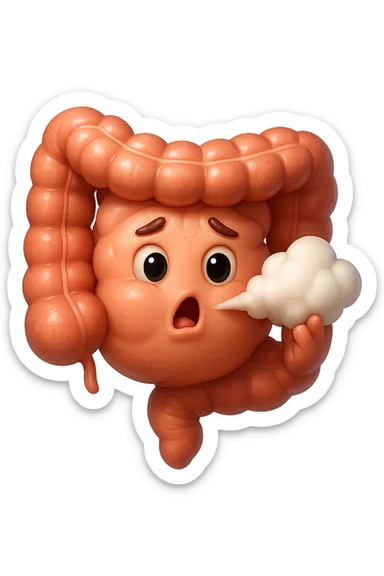 emoji stile iphone di un intestino che ingoia una nuvoletta di aria ben visibile e gli si gonfia la pancia, non fargli il naso, iperrealistico 4k sticker