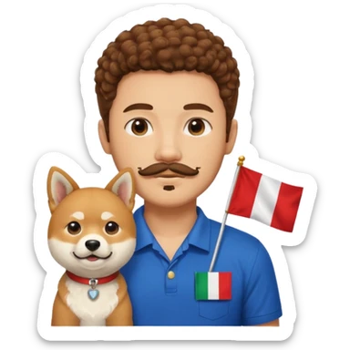 Italy flag shirt boy with mustache beard brown curly hair next to Shiba Inu sticker