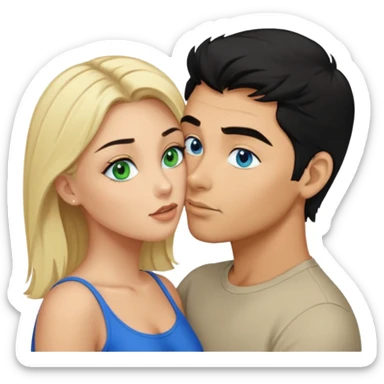 Man with blue eyes black Hair licking blonde Woman Green eyes naked breast  sticker