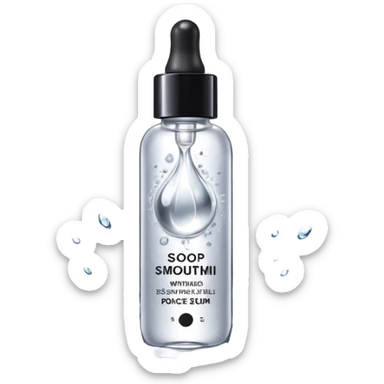 Slim clear dropper bottle with white cap and minimal black text label. Floating above a silver ripple, with icy shimmer rings pulsing outward. Surrounded by tiny frozen sparkles and wrinkle-smoothing energy beams. Looks like a precision anti-aging serum potion — sharp, cold, and potent. sticker