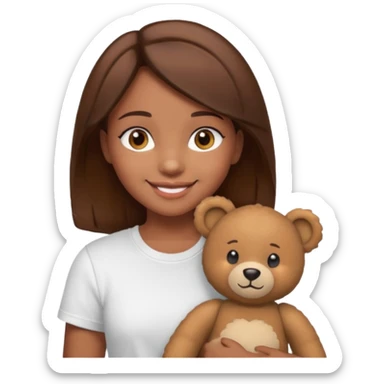 A Girl with Brown hair and Brown eyes with a t-shirt White. The t-shirt have dels a Teddy bear sticker