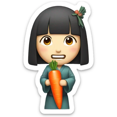 Japanese girl with dagger teeth holding a carrot sticker