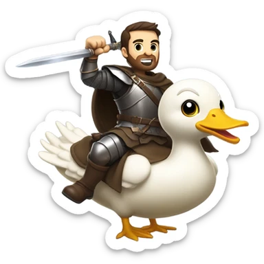 Confident armored White Man with dark brown hair and a short beard pointing forward with one arm holding a sword and yelling a battle charge while riding on the back of a giant duck sticker