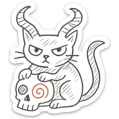 Add a black cat with large, twisted demon horns, front paws on the skull, hand drawn style with dynamic outlines, no fill, preserve the red spiral on the cheek, transparent background. sticker