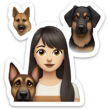 girl with dark brown hair, bangs, blue eyes and soft brown lips, fair skin and a German Shepherd dog sticker