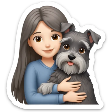 A black long-haired girl happily hugs a Schnauzer sticker
