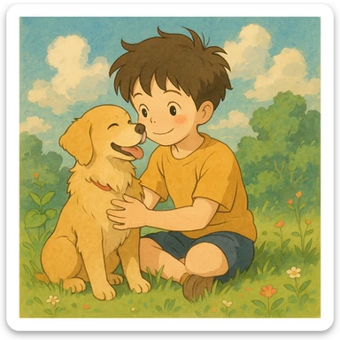 kid and his pet dog in studio ghibili style sticker