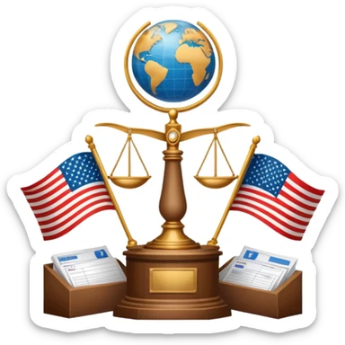 icon featuring podium with a speaker,russian and american flags, and voting ballots. The design includes a globe and scales of justice in the background, representing governance, global affairs, and political theory. Transparent background emphasizes civic engagement and policy. sticker