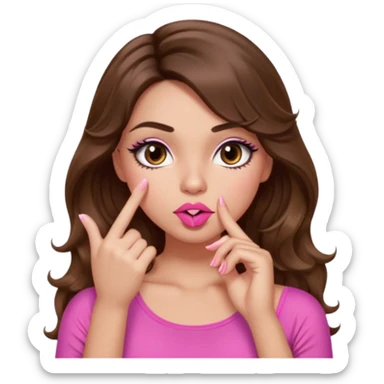girl with long wavy brown hair, brown eyes, light to medium complexion, in a pink sexy top, pink puckered lips, long lashes, shushing sticker