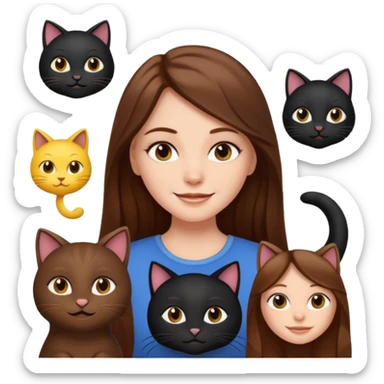 white girl with long brown hair, awake and smiling, cute, with two black cats, emoji style sticker