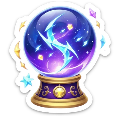A mystical, glowing crystal ball with swirling sparkles and lightning bolts inside, with tarot cards spread out on the table around the ball, surrounded by zodiac signs and planets floating in space. Use bright purples, blues, and golds to create a magical, mysterious vibe. transparent background.  sticker
