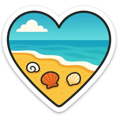heart with a summer beach and seashells, clean digital illustration sticker