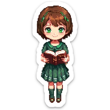 pixel art chibi girl with short brown hair, large sparkling eyes, green dress, book in hand, smiling gently, standing facing forward, bright colorful palette, soft shading sticker
