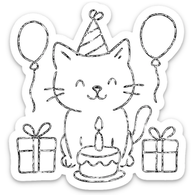 outlined icon of a kitten with a birthday hat, surrounded by balloons and presents, smiling, with a birthday cake sticker