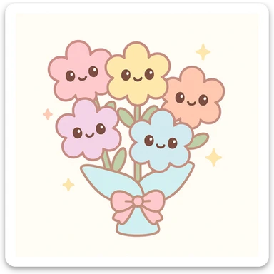 kawaii style bouquet with smiling flowers, pastel colors, cute and cheerful sticker