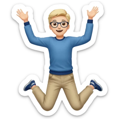 Very excited boy, jumping for joy, full body, eyes closed, wearing glasses sticker