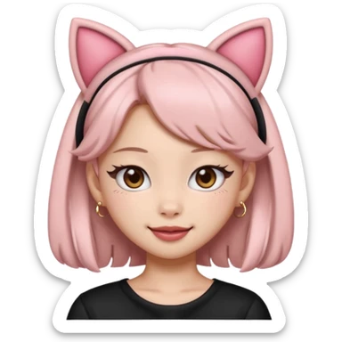 “Cartoon emoji of Jennie from BLACKPINK, heart-shaped face, almond upturned eyes, defined jawline, soft blush, chic expression, cat ears headband” sticker
