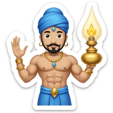 Blue genie with a black goatee and gold bracelets coming out of a lamp from Aladdin  sticker
