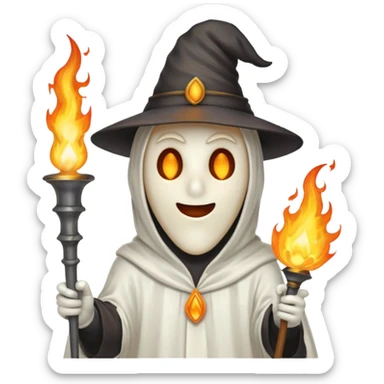 A man in a ghost costume with a pointy hat and torch sticker