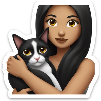 Tanned woman with long black hair hugging a black and white cat  sticker