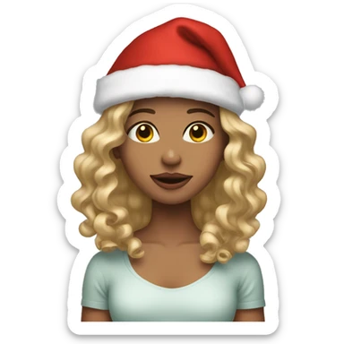 girl with dirty blonde wavy hair wearing a christmas hat sticker