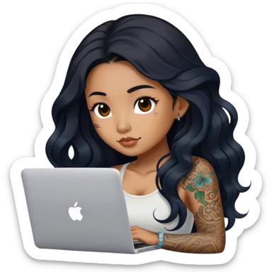beautiful brown girl, with tattoos, with the long black hair, wavy hair, chinese, with laptop sticker