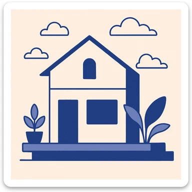 a house with a platform and plants, clean modern illustration style sticker