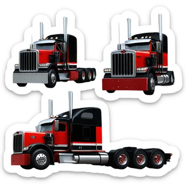Peterbilt 389 black with red frame with flat top and slash cut exhaust stacks and dual rear tires and flat bumper sticker