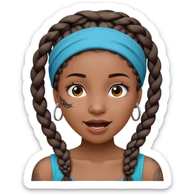 big lose braids starting from the top of the head woman face wiith big visible braids and mono color headband on head excited face and braids as big as headband and lots and lots of face tattoos sticker
