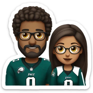 No glasses Brown guy with beard and mustache holding hands with a brown girl wearing glasses and hair in a bun in Philadelphia eagles clothing  sticker