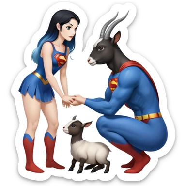 Art of a human white womans body scheme anatomy-very long and straight black to blue hair ombre with-tiny goat antlers-leaning back on knees-superman standing on her right-looking at each other sticker
