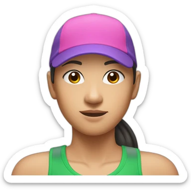 asian woman wearing a green sports cap backwards on her head a wearing a pink and purple singlet sticker