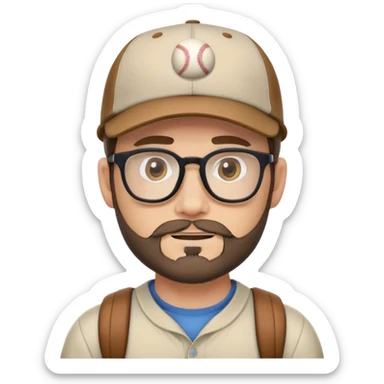adventurer with small beard, glasses and backwards baseball cap sticker