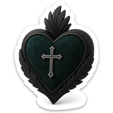 3D black style gothic heart, dark emerald velvet, silver cross, feather details, lush and gothic sticker