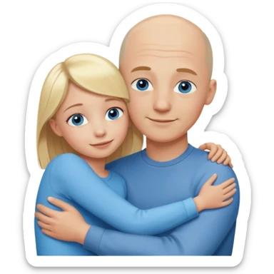 Blonde girl child, blue eyes and happy expression, hugging bald young adult father sticker