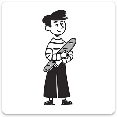 A Frenchman with a beret, holding a baguette under his elbow, wearing a black and white striped shirt, hand-drawn doodle style. sticker