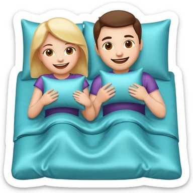 fun emoji depiction of a couple enjoying a pillow game on a bed with glossy silk sheets, happy and energetic sticker