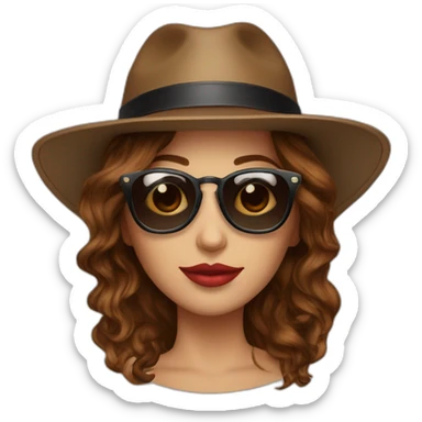 sunglasses on female head with wavy brown hair and a poker hat sticker