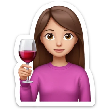 Girl with long straight brown hair, brown eyes holding glass of wine, wearing a pink sweater sticker
