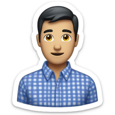 Tan man with short black hair and a gingham white/dark blue buttoned collar shirt sticker