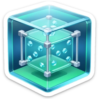 Isometric 3D transparent glass cube with rounded edges, corner bolts, and three floating server layers inside. Holographic panel on top. Cool blue tones on dark navy background.
 sticker