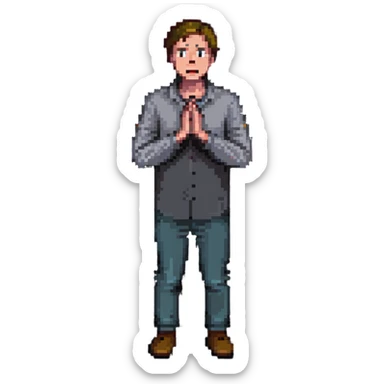 anxious man with hands outstretched in begging position with worried fearful expression sticker