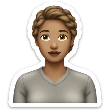 A woman with a light skin, brown hair and a gray pull over sticker