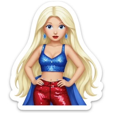 Christina Aguilera with long platinum blonde hair, periwinkle sequin crop top, red sequin pants, blue eyes sticker