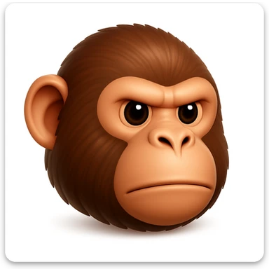 Keep the image exactly the same, just make the fur brown instead of green. iOS emoji style, 3D, shiny, smooth gradients, soft shadows, realistic chimpanzee face, classic emoji look. Add a soft shadow under the face. The style should resemble the iOS 3D emoji style with shiny and smooth gradients and soft shadows. sticker