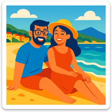 husband and wife sitting on a sandy beach in Spain, smiling, with Spanish coastline and gentle waves, cheerful and bright sticker