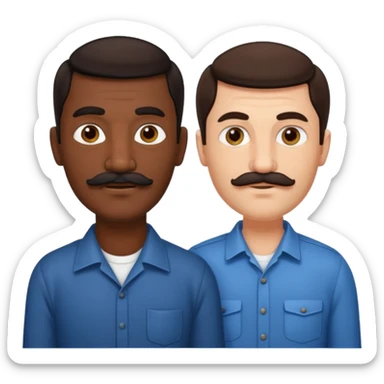 Gay couple. Tall dark indian man with mustache and shorter white man with dark brown hair and no mustache. sticker