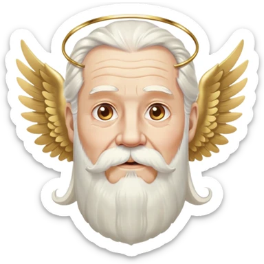 Divine being, elderly man with flowing white hair, long white beard and mustache, large white wings spread behind him, gold hoop earrings dangling from ears sticker