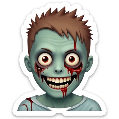 zombie boy with brown short spiky hair, white skin, and white eyes; an open smile, and bloodied teeth; sticker